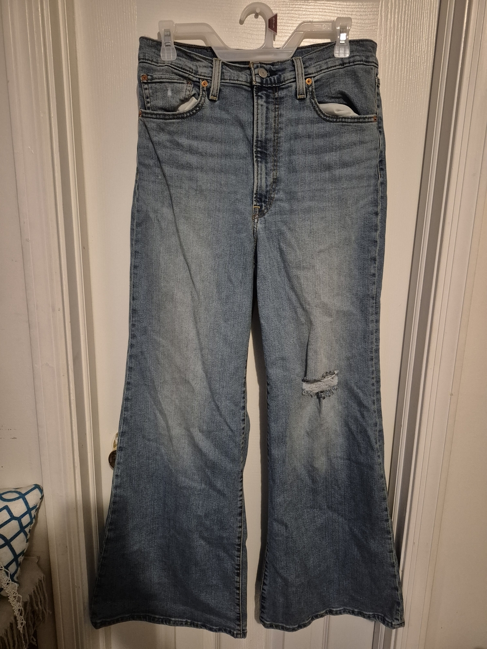High-Rise Light Blue Distressed Wide-Leg Flare Jeans